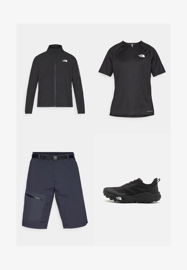Černá bunda s vysokým límcem, předním zipem a strukturovanou tkaninou. Obsahuje logo na horní levé straně a boční kapsu na rukávu.; Černé sportovní tričko s krátkým rukávem a strukturovanou tkaninou, se bílým logem na levé hrudi a rovým lemem.; Tmavě modré cargo šortky s černým opaskem, které mají zipovou kapsu na levé noze a texturovanou látku. Celkově jde o elegantní a funkční design.; Černé trailové běžecké boty s texturovaným svrškem, gumovou podrážkou a vyztuženou špičkou. Obsahují polstrovaný límec a poutko pro snadné obouvání.