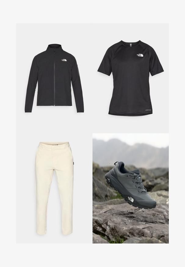 Chaqueta negra con cuello alto, cremallera frontal y tejido texturizado. Presenta un logo en la parte superior izquierda y un bolsillo lateral en la manga.; Camiseta atlética corta negra de manga corta con una tela texturizada, que presenta un logo blanco en el lado izquierdo del pecho y un dobladillo recto.; Pantalones beiges hechos de una tela suave, con un diseño de pierna recta, dos bolsillos laterales y una etiqueta de logo discreta en el costado.; Zapatilla de trail running gris con parte superior texturizada, suela de goma duradera y puntera reforzada. Cuenta con cordones y logo de la marca en el lateral.