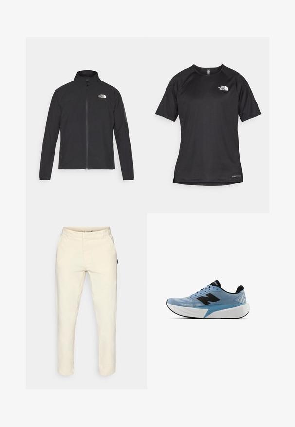 Musta takki, jossa on korkea kaulus, vetoketju edessä ja teksturoitu kangas. Sisältää logon vasemmassa yläkulmassa ja sivutaskun hihassa.; Mustat lyhythihaiset urheilupaidat, joissa on teksturoitu kangas, valkoisella logolla vasemmassa rinnassa ja suora helma.; Harmaat housut, jotka on valmistettu sileästä kankaasta, suoran lahkeen suunnittelulla, kahdella sivutaskulla ja huomaamattomalla logotunnuksella sivussa.; Vaaleansininen juoksukenkä mustalla logolla, paksulla valkoisella pohjalla ja mustalla sisävuorella, nähtynä sivusta valkoista taustaa vasten.