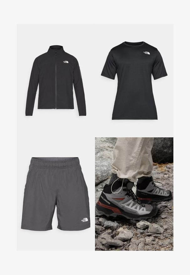 Svart jacka med hög krage, framdragkedja och texturerat tyg. Har en logotyp på övre vänstra sidan och en sidoficka på ärmen.; Svart kortärmad t-shirt i lätt, fuktavvisande material. Har en vit logotyp på vänster bröst och rund halsringning.; Grå, lätta shorts med resårmidja, sidofickor och en liten vit logotyp på det nedre vänstra benet. Slät textur och avslappnad design.; Salomon X ULTRA 360 MID GTX - Hikingskor - pewter/black/burnt henna