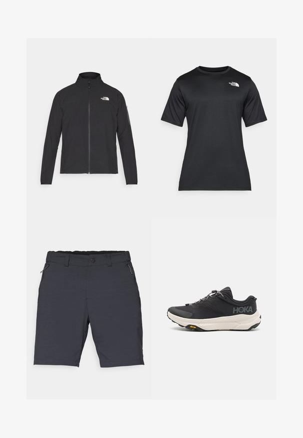 Juodas švarkas su aukšta apykakle, priekiniais užtrauktukais ir tekstūruotu audiniu. Yra logotipas viršuje kairėje ir šoninis kišenė ant rankovės.; Juoda trumpų rankovių marškinėliai, pagaminti iš lengvos, drėgmę praleidžiančios medžiagos. Viršuje kairėje krūtinės pusėje yra balta logotipo etiketė, o apykaklė yra klasikinio stiliaus.; Tamsiai pilki šortai, pagaminti iš lengvos medžiagos, su lygiu juosmeniu, užtrauktuko šoninėmis kišenėmis ir tiesiu kirpimu iki kelių.; Juodos sportinės bateliai su tekstūruota viršutine dalimi, pilkų akcentų, atspindinčiomis detalėmis ir storu baltu padu su Vibram prekės ženklu.