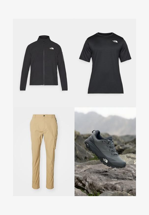 Fekete dzseki magas gallérral, elől cipzárral és texturált anyagból. Az elején bal oldalon logó található, és az ujjon egy oldalsó zseb helyezkedik el.; Fekete, rövid ujjú póló, könnyű, nedvességelvezető anyagból készült. Bal oldalon fehér logóval rendelkezik, és kerek nyakú.; Khaki színű cargo nadrág, könnyű anyagból készült, egyenes szabású, oldalsó zsebekkel és gombos derékrésszel.; Szürke terepfutó cipő, texturált felsőrésszel, tartós gumitalppal és megerősített orr résszel. Fekete fűzők és márka logó a cipő oldalán.