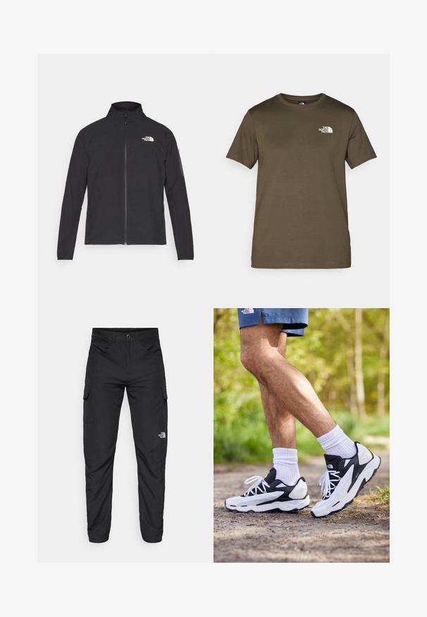 Black jacket with a high collar, front zipper, and textured fabric. Features a logo on the upper left and a side pocket on the sleeve.; Olive green cotton t-shirt with short sleeves, crew neck, and a white logo on the left chest. Smooth fabric texture, regular fit.; The North Face HORIZON PANT - Outdoor trousers - black; Black and white athletic shoes with mesh upper, textured accents, and white laces. Worn with white ankle socks and navy shorts on a path.