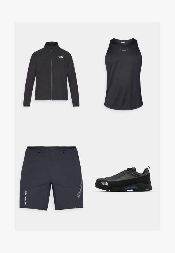 Musta jakk, millel on kõrge krae, eesneediga ja tekstuuriga kangas. Omab logo vasakul ülal ja küljetaskut varrukal.; Must have mustamata asetoon tipp puur valmistatud hingavast kangast, millel on ümara kaeluse ja peegeldav logo aktsent rinnal.; Must have spordilised lühikesed püksid tekstureeritud kangast, kitsas talje, kaks esist taskut ja valge "SALOMON" logo küljel.; The North Face VERTO ALPINE GORE TEX - Matkajalatsid - asphalt grey/tnf black