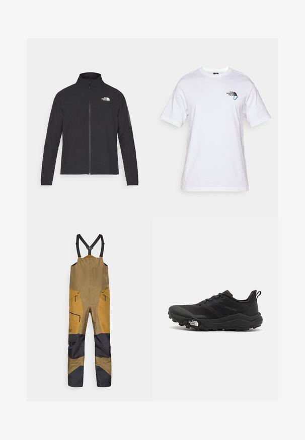 Zwarte jas met een hoge kraag, ritssluiting aan de voorkant en een gestructureerde stof. Heeft een logo op de bovenste linkerzijde en een zijzak op de mouw.; The North Face EXPLORE CARABINER RELAXED TEE UNISEX - T-shirt print - white; Bruine en zwarte bretels met verstelbare zwarte schouderbanden en ritszakken, ontworpen voor buiten- of werkgebruik.; Zwarte trailrunning schoen met een gestructureerde bovenkant, rubberen zool en versterkte neus. Voorzien van een gevoerde kraag en een trekhaak voor eenvoudig aan- en uittrekken.