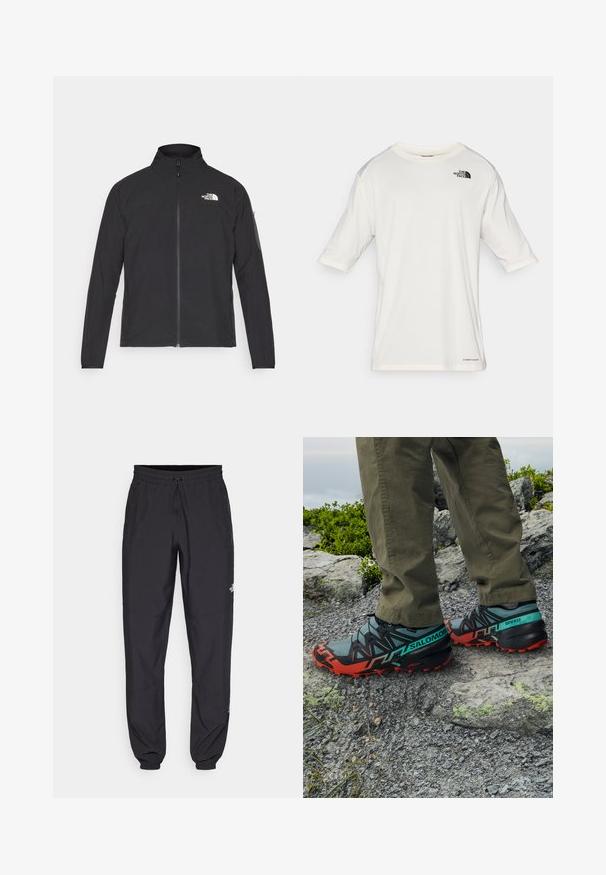 Czarna kurtka z wysokim kołnierzem, przednim zamkiem błyskawicznym i teksturowanym materiałem. Posiada logo na górnej lewej stronie oraz kieszeń na rękawie.; Biała koszulka z krótkim rękawem i okrągłym dekoltem z logo The North Face po lewej stronie klatki piersiowej oraz napisem "Lightrange" w pobliżu dolnego brzegu.; Czarne spodenki sportowe wykonane z lekkiego materiału, z elastycznym pasem na sznurek, bocznymi kieszeniami i zwężanymi mankietami przy kostkach.; Buty trailowe Salomon w kolorach czarnym, turkusowym i czerwonym wyróżniają się teksturowaną, wytrzymałą podeszwą, bezpiecznym systemem sznurowania oraz lekką, oddychającą cholewką.