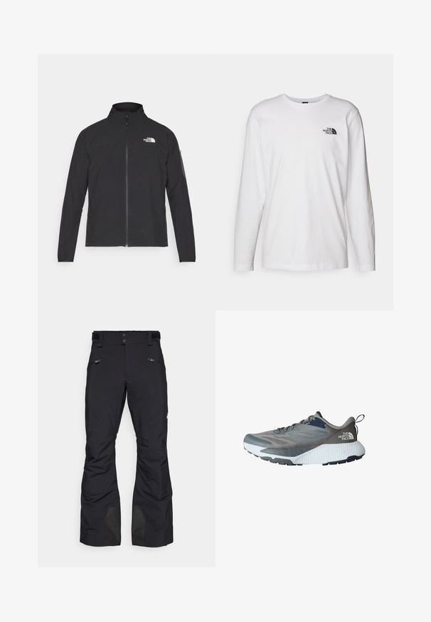 Veste noire avec col montant, fermeture éclair à l'avant et tissu texturé. Présente un logo sur le coin supérieur gauche et une poche latérale sur la manche.; T-shirt blanc à manches longues en coton avec un col rond. Présente un petit logo noir sur la poitrine. Texture lisse, coupe régulière.; Pantalons de neige noirs en matériau durable, dotés de deux poches zippées, de jambes inférieures renforcées avec des accents et d'une coupe ajustée.; Chaussure de sport grise avec tige en maille, accents navy, semelle intermédiaire blanche texturée et semelle extérieure en caoutchouc noir. Comprend des lacets et une languette au talon.
