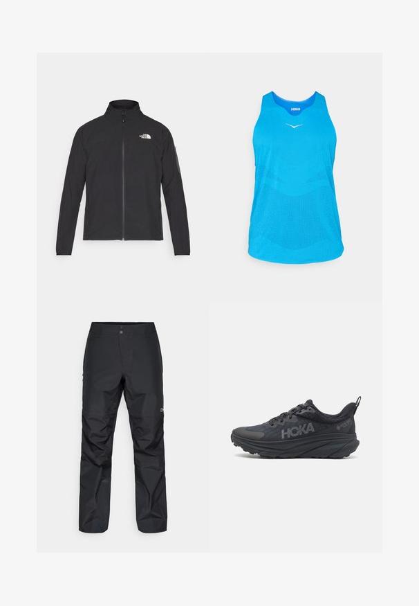 Melna jaka ar augstu apkakli, priekšpuses rāvējslēdzēju un teksturētu audumu. Ievērojams logo augšējā kreisajā pusē un sānu kabata uz piedurknes.; Zils sporta bezmaku topiņš, izgatavots no elpojoša sieta auduma, ar apļa kakla izgriezumu, bez piedurknēm un ar smalku baltu logo priekšpusē.; Melnas ūdensizturīgas bikses ar taisnajām kājām, ar gludu tekstūru, diviem pogām jostas vietā un diskrētu zīmolu apzīmējumu sānos.; Melns Hoka skriešanas apavi ar tīkla augšdaļu, strukturētām detaļām un biezu, amortizētu zoli ar sašaurinātiem maliem, lai nodrošinātu labāku atbalstu.