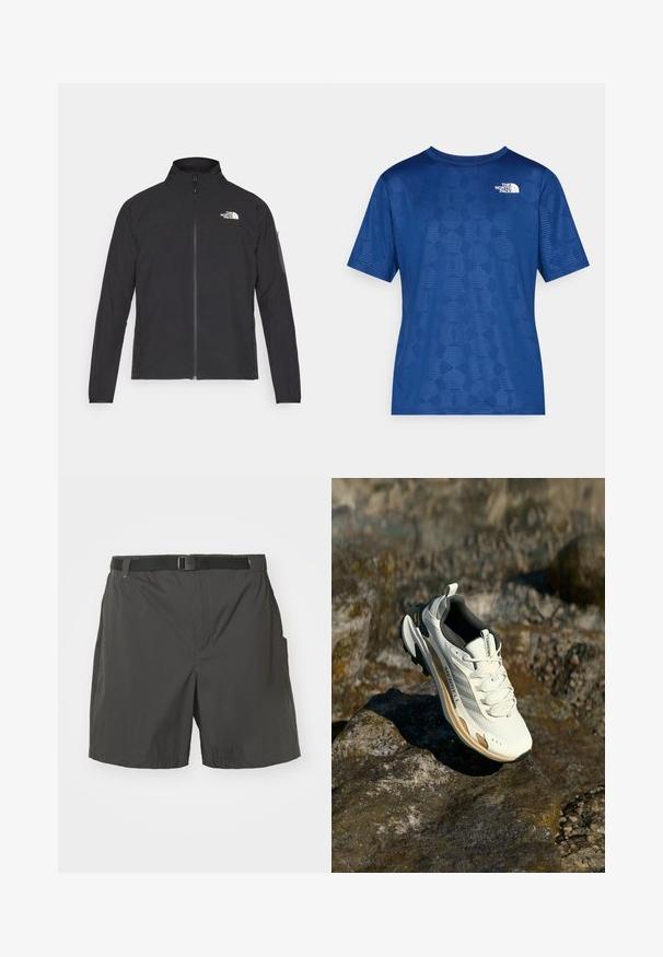 Musta jakk, millel on kõrge krae, eesneediga ja tekstuuriga kangas. Omab logo vasakul ülal ja küljetaskut varrukal.; Sinine lühikeste varrukatega särk tekstureeritud geomeetrilise mustriga ja valge logoga vasakul ülal. Valmistatud kergest ja hingavast materjalist.; Mustad lühikesed püksid, mis on valmistatud siledast ja kergest materjalist. Omab reguleeritavat vööd, küljetaskuid ja lihtsat, kaunistamata kujundust.; Meeste matkajalanõud, millel on heledashall võrgust pealis, beežid aktsendid ja robustne roheline kummine tald. Omab pehmendatud kaelaosa ja sidumise süsteemi.