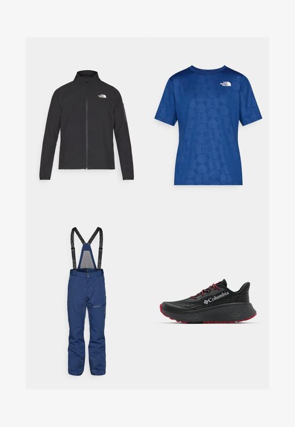 Juodas švarkas su aukšta apykakle, priekiniais užtrauktukais ir tekstūruotu audiniu. Yra logotipas viršuje kairėje ir šoninis kišenė ant rankovės.; Mėlyna trumparankovė marškinėliai su tekstūriniu geometriniu raštu ir baltu logotipu kairiame viršutiniame kampe. Pagaminta iš lengvos, kvėpuojančios medžiagos.; Tamsiai mėlynos slidinėjimo kelnės su reguliuojamomis juodomis petnešomis, priekinė užtrauktuko kišenė, sustiprinti apačios kraštai ir lygus tekstūruotas paviršius.; Juodas sportinis batelis su tekstūruota viršutine dalimi, raudonais raišteliais ir logotipu. Storas padas su raštuotu protektoriu traukai. Minimalistinis dizainas, šoninis vaizdas.