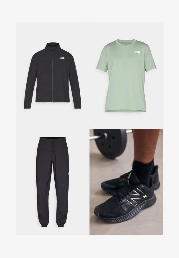Černá bunda s vysokým límcem, předním zipem a strukturovanou tkaninou. Obsahuje logo na horní levé straně a boční kapsu na rukávu.; Světlounce zelené triko s krátkým rukávem vyrobené z měkké látky; má bílé logo na horní levé straně; kulatý výstřih.; Černé sportovní kalhoty vyrobené z lehké tkaniny, s páskem na šňůrku, bočními kapsami a zúženými manžetami na kotnících.; Černé sportovní boty vyrobené z síťoviny a syntetických materiálů, s reflexními detaily a gumovou podrážkou s texturovaným gripem.