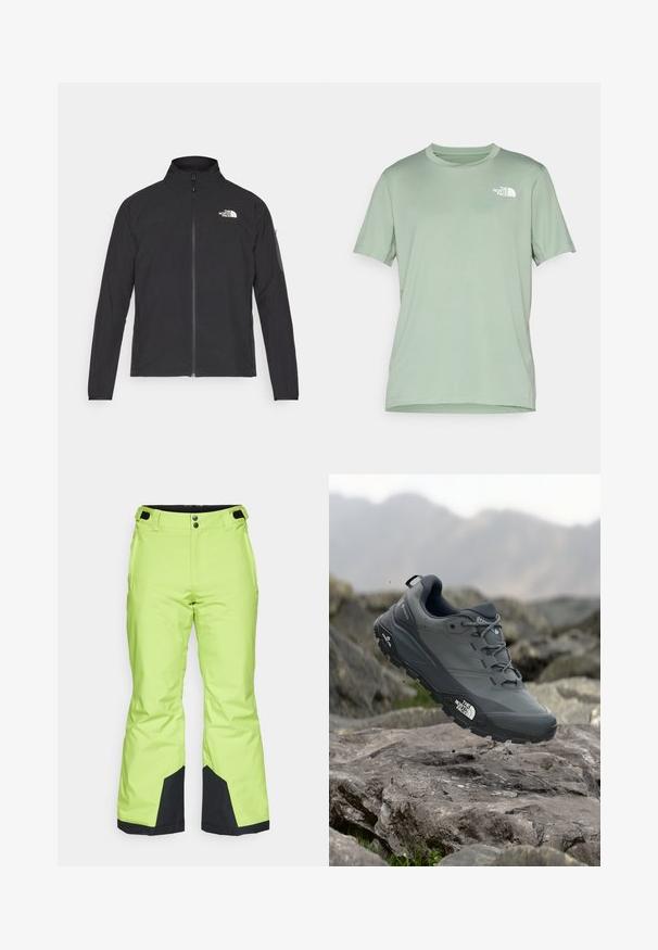 Zwarte jas met een hoge kraag, ritssluiting aan de voorkant en een gestructureerde stof. Heeft een logo op de bovenste linkerzijde en een zijzak op de mouw.; Lichtgroene T-shirt met korte mouwen van zachte stof; beschikt over een wit logo op de bovenste linkerkant; ronde ronde hals.; Felgroene skibroek met een gladde textuur, voorzien van zwarte accenten bij de boorden en een knoopsluiting bij de taille.; Grijze trailrun-schoen met een gestructureerde bovenkant, duurzame rubbersole en versterkte neuskap. Voorzien van veters en een merkimprint aan de zijkant.
