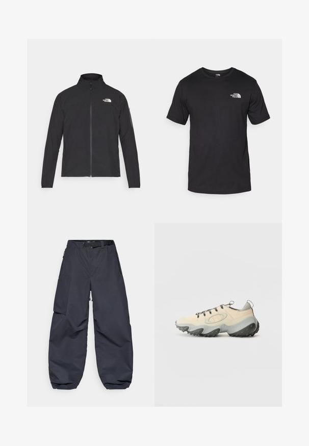 Sort jakke med høj krave, frontlynlås og struktureret stof. Har et logo på øverste venstre side og en sidelomme på ærmet.; Sort kortærmet t-shirt lavet af bomuld, med rund halsudskæring og et lille hvidt logo på den øverste venstre brystområde.; Mørkegrå cargo bukser lavet af et blødt, holdbart materiale. De har en bred, løs pasform, flere lommer og et taljebælte til justering.; Beige atletiksko med en tekstureret mesh-overdel, grå gummisål, fremtrædende buet design og grå snørebånd. Har en pull tab på hælen.