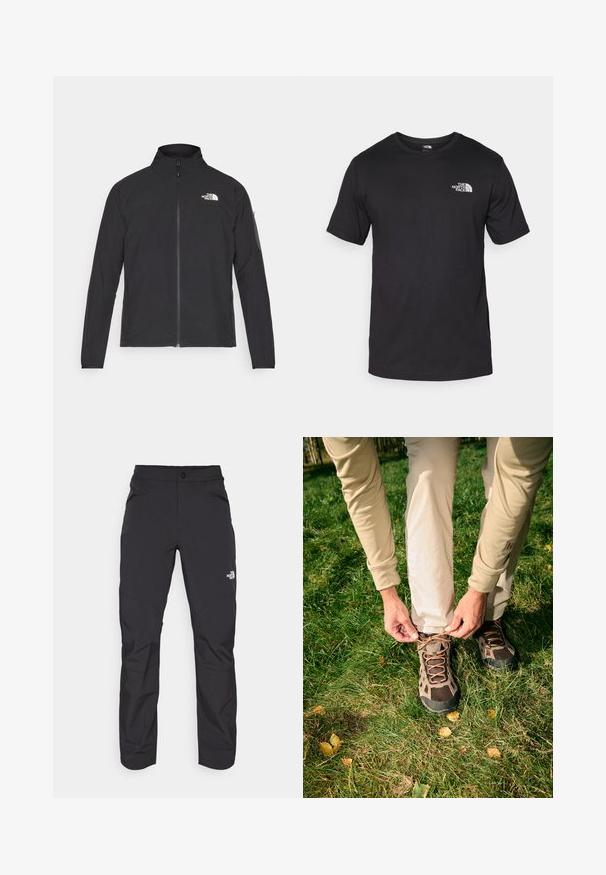 Černá bunda s vysokým límcem, předním zipem a strukturovanou tkaninou. Obsahuje logo na horní levé straně a boční kapsu na rukávu.; Černé tričko s krátkým rukávem vyrobené z bavlny, s kulatým výstřihem a malým bílým logem na horní levé části hrudi.; Černé venkovní kalhoty s kapsou na zip na přední straně, syntetický materiál, zúžené nohavice a zesílené panely na kolenou. Vybaveny knoflíkovým zapínáním.; Outdoorová obuv s prodyšným svrškem v hnědých tónech; má propracované šněrování a texturovanou černou gumovou podrážku. V popředí tráva a listí.