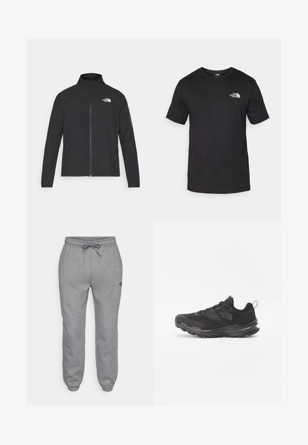 Melna jaka ar augstu apkakli, priekšpuses rāvējslēdzēju un teksturētu audumu. Ievērojams logo augšējā kreisajā pusē un sānu kabata uz piedurknes.; Melna īsām piedurknēm T-krekls, kas izgatavots no kokvilnas, ar apaļu dekoltē un nelielu baltu logotipu augšējā kreisajā krūtīs.; The North Face SIMPLE DOME REGULAR TAPERED JOGGER - Treniņtērpa apakšdaļas - medium grey heather; Melnas sporta kurpes ar sietu virsu, gumijas zoli un mīkstinātu apkakli. Satur šņores, logotipu sānos un strukturētu dizainu.