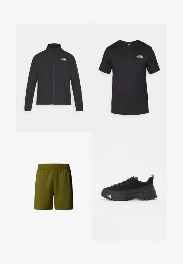 Schwarze Jacke mit hohem Kragen, vorderem Reißverschluss und TEXTURIERTEM Stoff. Verfügt über ein Logo auf der oberen linken Seite und eine Seitentasche am Ärmel.; Schwarzes T-Shirt mit kurzen Ärmeln aus Baumwolle, mit einem runden Ausschnitt und einem kleinen weißen Logo auf der oberen linken Brust.; Olivengrüne, weiche Baumwollshorts mit einem elastischen Bund, die eine lässige Passform bieten und keine sichtbaren Taschen oder Verzierungen aufweisen.; Schwarzer Outdoorsneaker mit einem Obermaterial aus Wildleder, strukturierter Gummisohle und robustem Schnürsystem. Verfügt über eine verstärkte Ferse und das Markenlogo an der Seite.