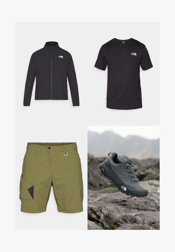 Svart jakke med høy krage, frontglidelås og teksturert stoff. Har et logo på øvre venstre side og en sidelomme på ermet.; Svart kortermet t-skjorte laget av bomull, med rund hals og en liten hvit logo på øvre venstre brystområde.; Olivenfargede shorts med teksturert stoff, med elastisk liv, frontknapp og en svart mesh lomme med en blå logo.; Grå terrengløpesko med en teksturert overdel, slitesterk gummisåle og forsterket tåhette. Inkluderer snørebånd og merkevarelogo på siden.