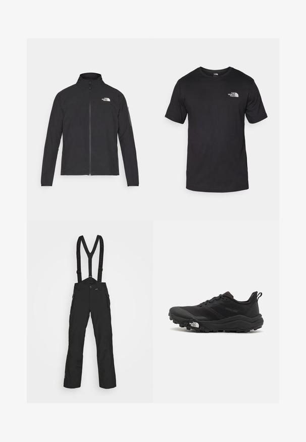 Casaco preto com um colarinho alto, fecho na frente e tecido texturizado. Apresenta um logótipo no canto superior esquerdo e um bolso lateral na manga.; T-shirt preto de manga curta feito de algodão, com um decote redondo e um pequeno logótipo branco na parte superior esquerda do peito.; Calças de neve de alto desempenho pretas, com suspensórios ajustáveis, bolsos frontais com zíper e uma textura suave e durável.; Sapatilha de trail running preta com um upper texturizado, sola de borracha e biqueira reforçada. Possui um colarinho acolchoado e uma alça para facilitar o calçar.