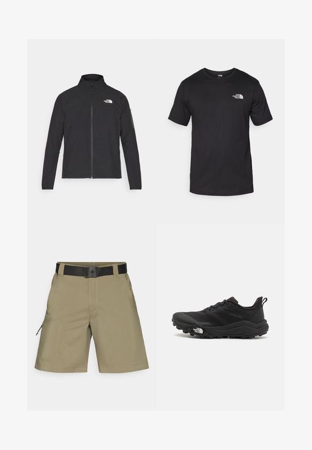 Musta takki, jossa on korkea kaulus, vetoketju edessä ja teksturoitu kangas. Sisältää logon vasemmassa yläkulmassa ja sivutaskun hihassa.; Mustat lyhythihaiset t-paidat, jotka on valmistettu puuvillasta. paidassa on pyöreä pääntie ja pieni valkoinen logo vasemmassa ylärintataskussa.; Vaalean khaki-väriset cargo-shortsit, joissa on musta säädettävä vyö, sivutaskut ja vetoketjullinen tasku, valmistettu sileästä ja kestävästä kankaasta.; Musta maastojuoksukengät, joissa on teksturoitu päällinen, kumipohja ja vahvistettu varvastoppia. Varusteena pehmustettu nilkkakappale ja vetotappi helppoa pukemista varten.