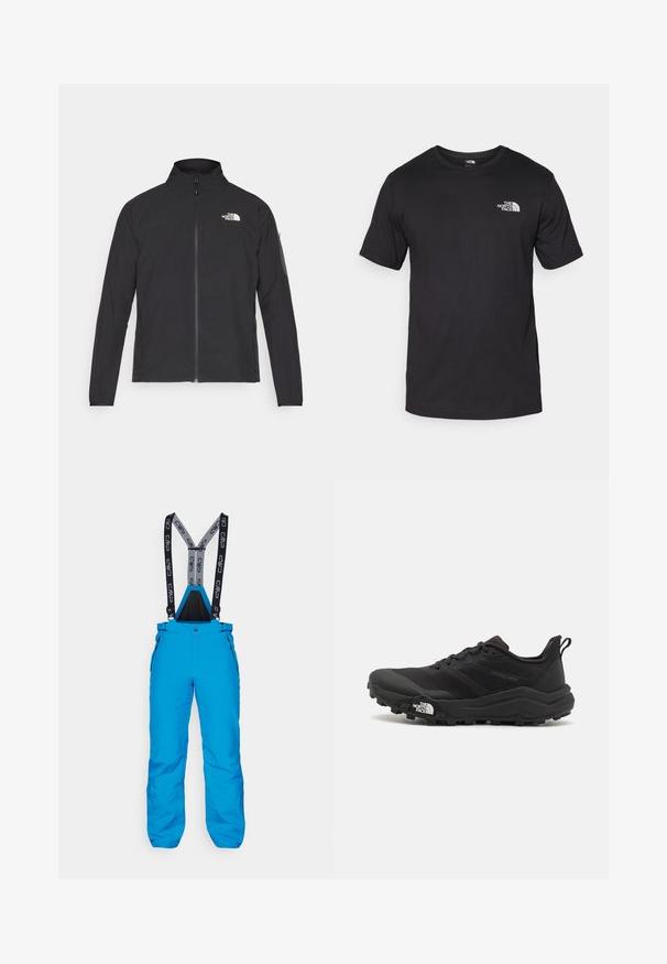 Svart jakke med høy krage, frontglidelås og teksturert stoff. Har et logo på øvre venstre side og en sidelomme på ermet.; Svart kortermet t-skjorte laget av bomull, med rund hals og en liten hvit logo på øvre venstre brystområde.; Blå skibukser med justerbare sorte og grå seler, lynlås-lommer på siden og et slidstærkt, vandtæt materiale.; Svart terrengløpesko med teksturert overdel, gummisåle og forsterket tåhette. Har polstret krage og løftestropp for enkel påkledning.