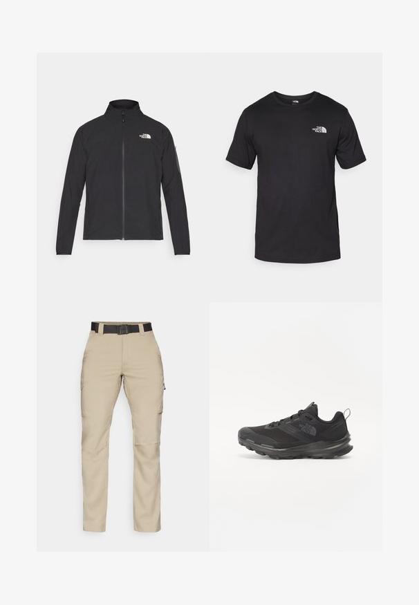 Μαύρο σακάκι με ψηλό γιακά, μπροστινό φερμουάρ και υφασμάτινη υφή. Διαθέτει λογότυπο στο πάνω αριστερό μέρος και πλαϊνή τσέπη στο μανίκι.; Μαύρη κοντομάνικη μπλούζα φτιαγμένη από βαμβάκι, με στρογγυλή λαιμόκοψη και μικρό λευκό λογότυπο στην άνω αριστερή περιοχή του στήθους.; Μπεζ cargo παντελόνι με πολλές τσέπες, μαύρη ρυθμιζόμενη ζώνη και ίσια γραμμή. Κατασκευασμένο από ελαφρύ, ανθεκτικό ύφασμα.; Μαύρο αθλητικό παπούτσι με διαπνέον επάνω μέρος από πλέγμα, ελαστική σόλα και μαλακή επένδυση στον αστράγαλο. Διαθέτει κορδόνια, λογότυπο στο πλάι και υφή στο σχέδιο.