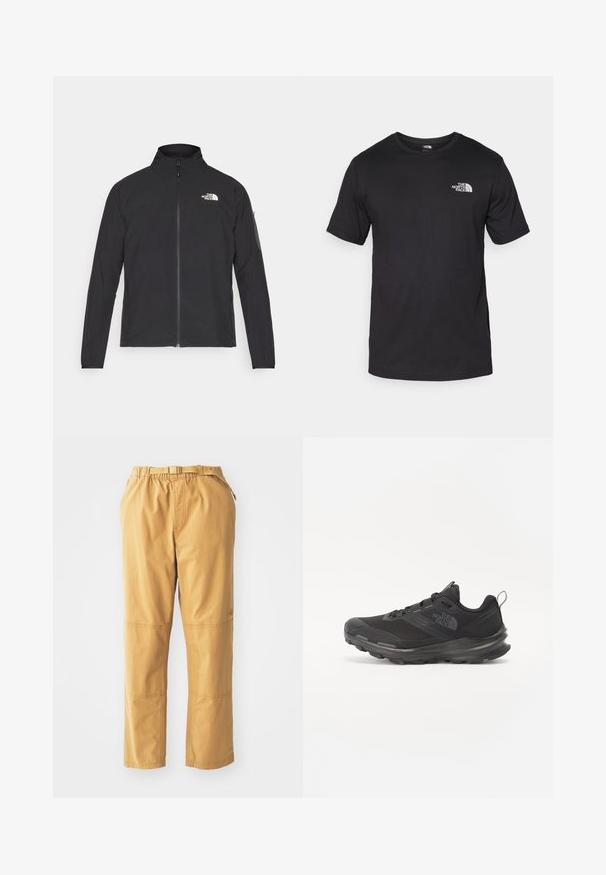 Svart jakke med høy krage, frontglidelås og teksturert stoff. Har et logo på øvre venstre side og en sidelomme på ermet.; Svart kortermet t-skjorte laget av bomull, med rund hals og en liten hvit logo på øvre venstre brystområde.; Khaki cargobukser med en avslappet passform, med elastisk liv med belte, sidelommer og forsterkede knepaster.; Svart treningssko med mesh-overdel, gummiyttersåle og polstret krage. Har snører, logo på siden og et teksturert design.