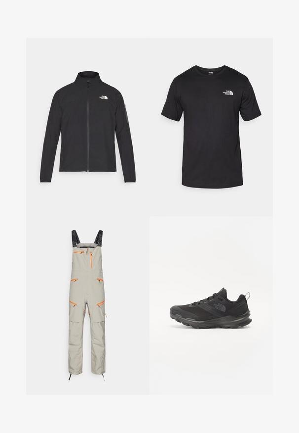 Black jacket with a high collar, front zipper, and textured fabric. Features a logo on the upper left and a side pocket on the sleeve.; Black short-sleeve t-shirt made of cotton, featuring a round neckline and a small white logo on the upper left chest area.; Beige overall pants with adjustable black straps, multiple orange zippered pockets, and textured fabric for durability. Features ankle fasteners.; Black athletic shoe with mesh upper, rubber outsole, and padded collar. Features laces, logo on the side, and a textured design.