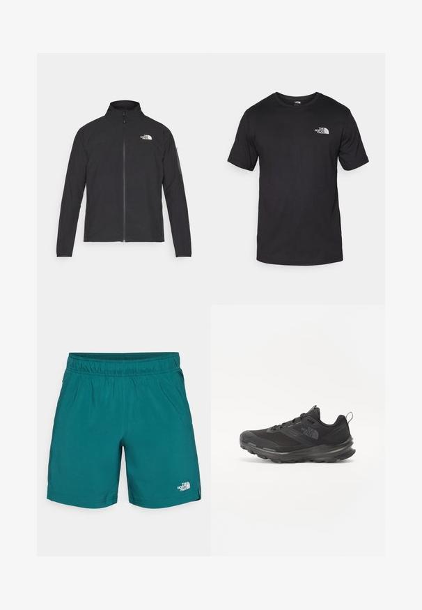 Crna jakna s visokim ovratnikom, prednjim zatvaračem i teksturiranim materijalom. Ima logo na gornjem lijevom dijelu i bočnu žepnju na rukavu.; Crna majica kratkih rukava od pamuka, s okruglim izrezom i malim bijelim logotipom na gornjem lijevom dijelu prsnog koša.; Tirkizne atletske kratke hlače od lagane tkanine, s elastičnom trakom oko struka i malim bijelim logom na donjoj lijevoj nozi.; Crne sportske tenisice s mrežastim gornjim dijelom, gumiranom potplatom i podstavljenim rubom. Imaju vezice, logo sa strane i teksturirani dizajn.