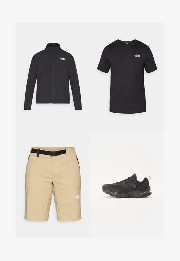 Musta takki, jossa on korkea kaulus, vetoketju edessä ja teksturoitu kangas. Sisältää logon vasemmassa yläkulmassa ja sivutaskun hihassa.; Mustat lyhythihaiset t-paidat, jotka on valmistettu puuvillasta. paidassa on pyöreä pääntie ja pieni valkoinen logo vasemmassa ylärintataskussa.; Vaaleat shortsit mustalla vyöllä, joissa on sileä pinta ja taskut sivuilla. North Face -logo on painettu valkoisena lahkeeseen.; Musta urheilujalkine, jossa on verkko päällinen, kumipohja ja pehmustettu varsi. Varusteena nauhat, logo sivussa ja teksturoitu kuvio.