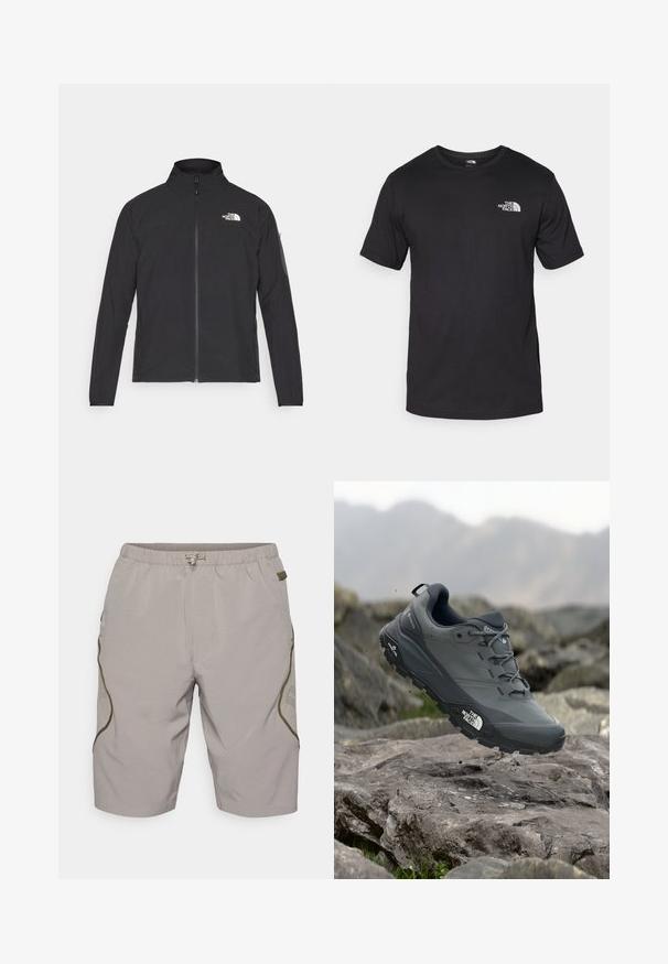 Giacca nera con colletto alto, zip frontale e tessuto strutturato. Presenta un logo sulla parte superiore sinistra e una tasca laterale sulla manica.; T-shirt nera a maniche corte in cotone, con scollatura rotonda e un piccolo logo bianco nell'area superiore sinistra del petto.; Shorts beige con un motivo testurizzato, vita elasticizzata, cordoncino e dettagli laterali. Presentano pannelli in rete per una migliore traspirabilità.; Scarpa da trail running grigia con tomaia testurizzata, suola in gomma resistente e punta rinforzata. Presenta lacci e logo del marchio sul lato.