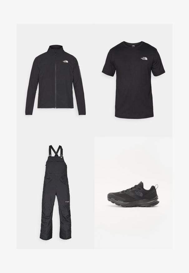 Črna jakna z visokim ovratnikom, sprednjim zadrgo in teksturirano tkanino. Ima logo na zgornji levi strani in stranski žep na rokavu.; Črna kratko sleeved majica iz bombaža, s krožnim izrezom in majhnim belim logotipom na zgornjem levem delu prsnega koša.; Črne snežne hlače z nastavljivimi naramnicami, stranskimi žepi in sprednjim žepom z flapom. Narejene iz vremensko odpornega materiala.; Črne športne čevlje z mrežastim zgornjim delom, gumijastim podplatom in oblazinjenim ovratnikom. Imajo vezalke, logo na strani in strukturiran dizajn.