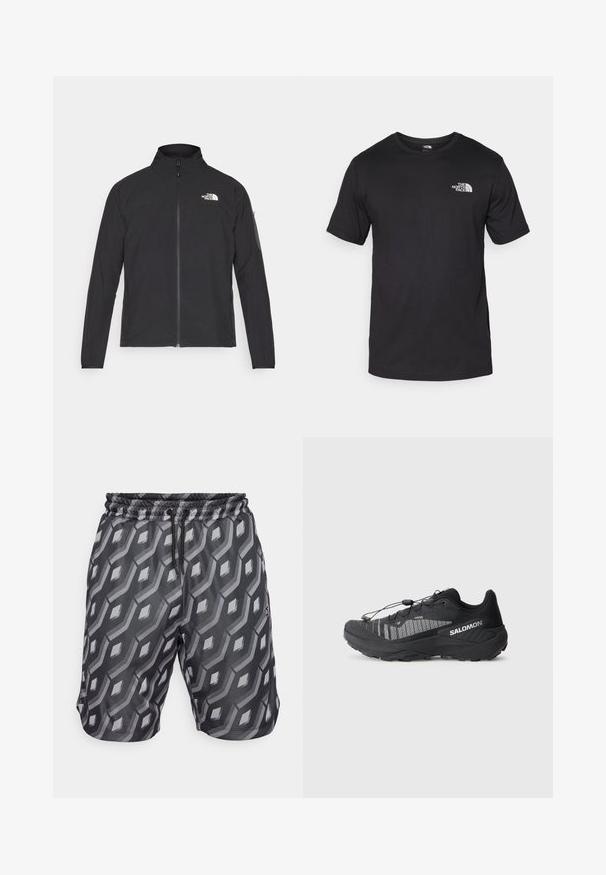 Melna jaka ar augstu apkakli, priekšpuses rāvējslēdzēju un teksturētu audumu. Ievērojams logo augšējā kreisajā pusē un sānu kabata uz piedurknes.; Melna īsām piedurknēm T-krekls, kas izgatavots no kokvilnas, ar apaļu dekoltē un nelielu baltu logotipu augšējā kreisajā krūtīs.; Melnas bikses ar ģeometrisku pelēku rakstu, elastīga josta ar aukliņu un redzamām sānu kabatām. Izgatavotas no viegla auduma.; Melnas takasmēru skriešanas kurpes ar teksturētu sietu augšdaļu, atstarojošiem elementiem, mīkstinātu zoli un elastīgu šņorēšanas sistēmu. Logo sānos.