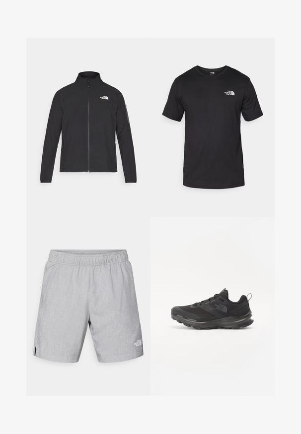 Juodas švarkas su aukšta apykakle, priekiniais užtrauktukais ir tekstūruotu audiniu. Yra logotipas viršuje kairėje ir šoninis kišenė ant rankovės.; Juodas trumpas rankovės marškinėliai, pagaminti iš medvilnės, su apvaliu kaklu ir mažu baltu logotipu viršutiniame kairiajame krūtinės kampe.; Šviesiai pilki šortai iš tekstūruotos medžiagos, su elastinga juosmeniu, šoninėmis kišenėmis ir logotipu apatinėje dešinėje kojos dalyje.; Juodos sportinės bateliai su tinklelio viršumi, guminiais padu ir paminkštintu apykakle. Yra raišteliai, logotipas šone ir tekstūruotas dizainas.