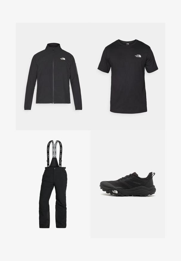 Musta jakk, millel on kõrge krae, eesneediga ja tekstuuriga kangas. Omab logo vasakul ülal ja küljetaskut varrukal.; Must have lühikeste varrukatega must T-särk, mis on valmistatud puuvillast, ümmarguse kaelusega ja väikese valge logoga vasakus ülanurgas.; Mustad mustad püksid reguleeritavate rihmadega, lukuga taskud ja tugevdatud pahkluud. Valmistatud veekindlast materjalist, millel on sile tekstuur.; Must tume jooksujalats musta värvi, tekstuurse ülemise osaga, kummist tallaga ja tugevdatud varbaga. Omab pehmendusega krae ja tõmblinti mugavaks selga panemiseks.