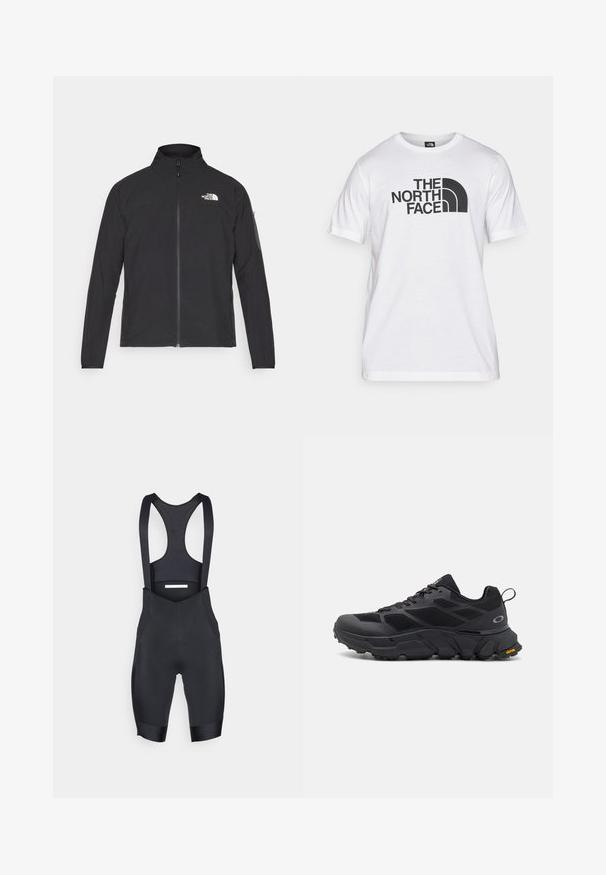 Giacca nera con colletto alto, zip frontale e tessuto strutturato. Presenta un logo sulla parte superiore sinistra e una tasca laterale sulla manica.; T-shirt bianca in cotone con stampa grafica nera che presenta testo e un design del logo curvo. Collo rotondo e maniche corte. Texture semplice.; Pantaloni da ciclismo neri con bretelle regolabili, realizzati in tessuto elasticizzato, con schiena in rete e un sedile imbottito per il massimo comfort.; Scarpe sportive nere con suola spessa, tomaia in rete e materiale sintetico, dettagli testurizzati e marchio Vibram sulla suola.