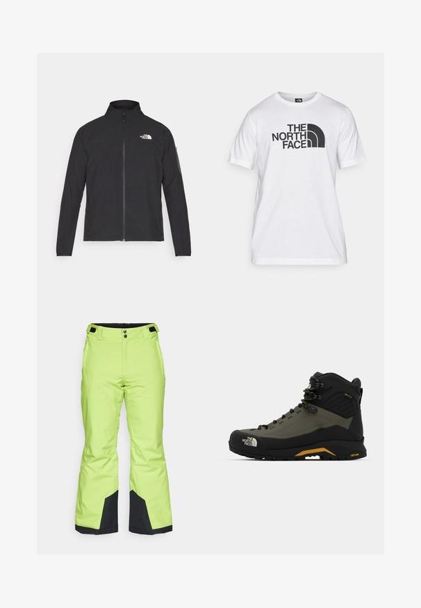 Svart jakke med høy krage, frontglidelås og teksturert stoff. Har et logo på øvre venstre side og en sidelomme på ermet.; Hvit bomulls T-skjorte med svart grafisk trykk som inkluderer tekst og et buet logodesign. Rund hals og korte ermer. Enkelt tekstur.; Lyse limegrønne skibukser med en glat tekstur, med sorte detaljer ved håndleddene og en knaplukning i taljen.; Fjellstøvel i svart og olivengrønn, laget av syntetiske materialer, har høy topp, snøring og Vibram såle for godt grep.