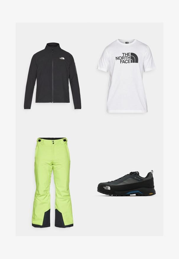 Black jacket with a high collar, front zipper, and textured fabric. Features a logo on the upper left and a side pocket on the sleeve.; White cotton t-shirt featuring a black graphic print with text and a curved logo design. Round neckline and short sleeves. Plain texture.; Bright lime green ski pants with a smooth texture, featuring black accents at the cuffs and a button closure at the waist.; The North Face VERTO ALPINE GORE TEX - Hiking shoes - asphalt grey/tnf black