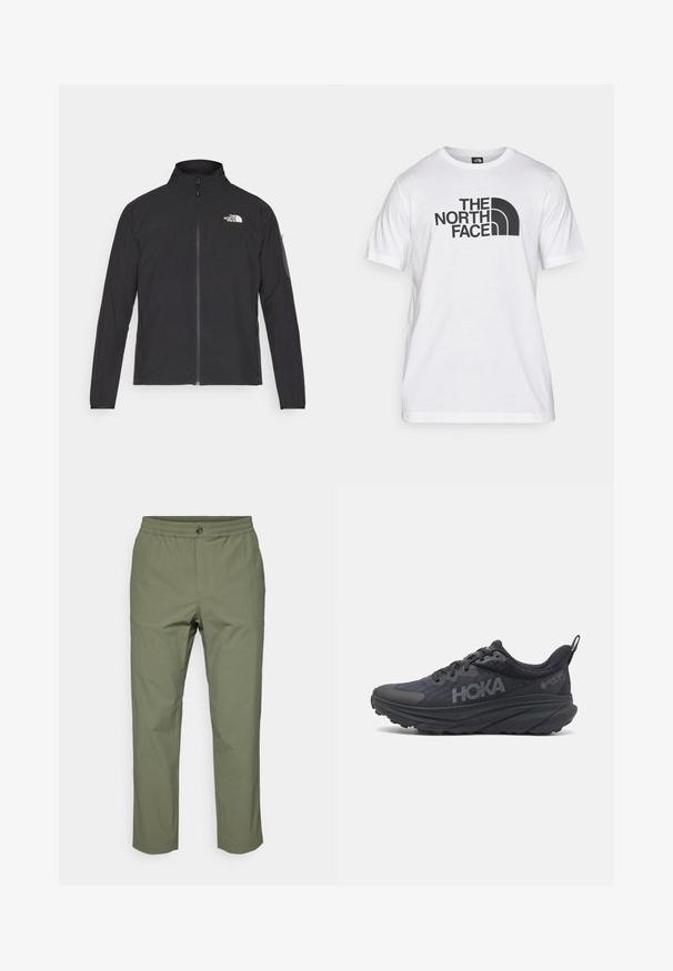 Svart jakke med høy krage, frontglidelås og teksturert stoff. Har et logo på øvre venstre side og en sidelomme på ermet.; Hvit bomulls T-skjorte med svart grafisk trykk som inkluderer tekst og et buet logodesign. Rund hals og korte ermer. Enkelt tekstur.; Olivenfargede bukser laget av lett stoff, med elastisk midje, knappelukking og rett benpassform uten synlige mønstre.; Svart Hoka løpesko med mesh-overdel, teksturerte detaljer, og en tykk, polstret såle med avsmalnende kanter for forbedret støtte.