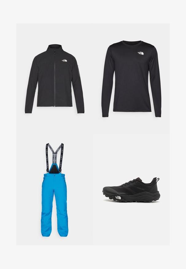 Black jacket with a high collar, front zipper, and textured fabric. Features a logo on the upper left and a side pocket on the sleeve.; Long-sleeved black performance t-shirt made of lightweight fabric, featuring a white logo on the upper left chest. Smooth texture.; Blue skiing pants with adjustable black and gray suspenders, zippered side pockets, and a durable, waterproof material.; Black trail running shoe with a textured upper, rubber sole, and reinforced toe cap. Features a padded collar and pull tab for easy wear.