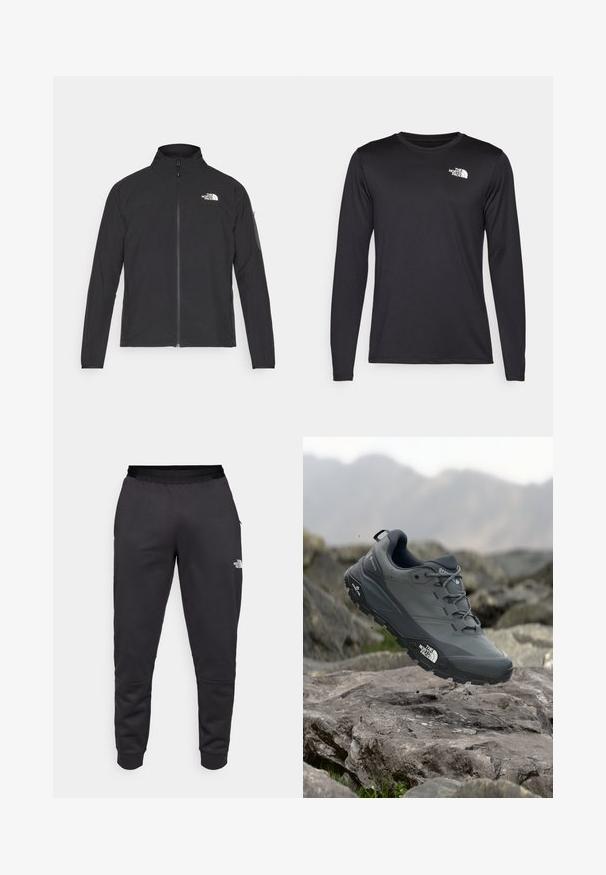 Black jacket with a high collar, front zipper, and textured fabric. Features a logo on the upper left and a side pocket on the sleeve.; Long-sleeved black performance t-shirt made of lightweight fabric, featuring a white logo on the upper left chest. Smooth texture.; Black sweatpants made of smooth fabric, featuring a tapered design, elastic waistband, and logo detail on the right leg.; Grey trail running shoe with a textured upper, durable rubber sole, and reinforced toe cap. Features laces and brand logo on the side.