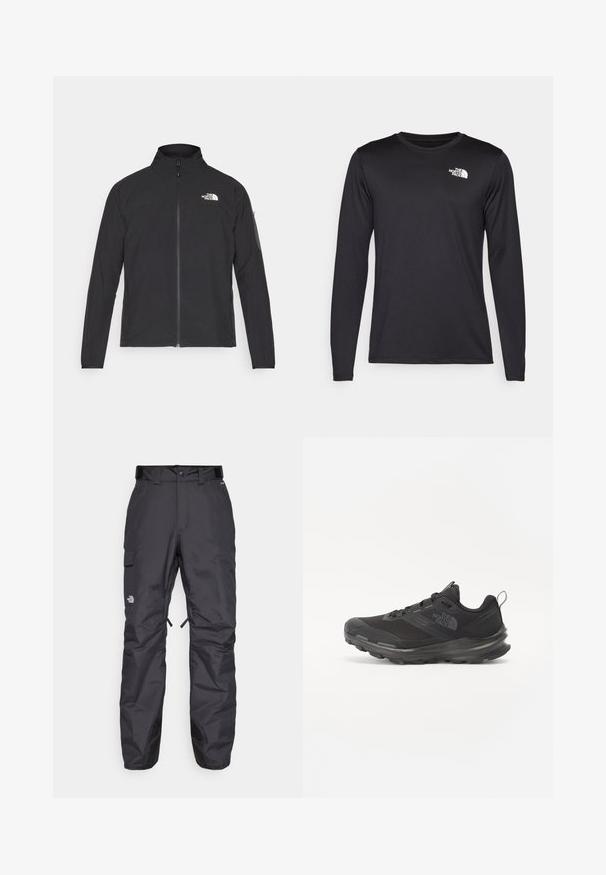 Μαύρο σακάκι με ψηλό γιακά, μπροστινό φερμουάρ και υφασμάτινη υφή. Διαθέτει λογότυπο στο πάνω αριστερό μέρος και πλαϊνή τσέπη στο μανίκι.; Μαύρο αθλητικό μπλουζάκι με μακριά μανίκια, κατασκευασμένο από ελαφρύ ύφασμα, με λευκό λογότυπο επάνω αριστερά στο στήθος. Λείο υφή.; Μαύρο αδιάβροχο παντελόνι με ίσια γραμμή, ρυθμιζόμενη μέση, πλαϊνές τσέπες cargo και ενισχυμένα πάνελ στο κάτω μέρος του ποδιού. Λογότυπο της μάρκας στο μηρό.; Μαύρο αθλητικό παπούτσι με διαπνέον επάνω μέρος από πλέγμα, ελαστική σόλα και μαλακή επένδυση στον αστράγαλο. Διαθέτει κορδόνια, λογότυπο στο πλάι και υφή στο σχέδιο.