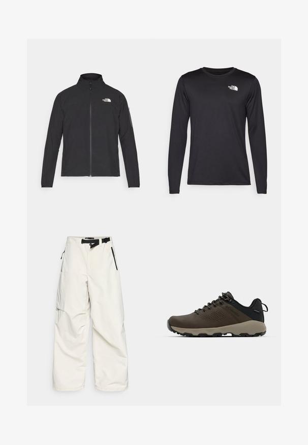 Jachetă neagră cu guler înalt, fermoar frontal și țesătură texturată. Dispune de un logo în partea stângă sus și o buzunar pe manșetă.; Tricou de performanță negru cu mânecă lungă, realizat dintr-un material ușor, având un logo alb pe partea superioară stângă a pieptului. Textură netedă.; Pantaloni cargo albi dintr-un material rezistent la apă, cu curea la talie, buzunare laterale cu fermoar și un design lejer, cu picioare largi.; Adidași impermeabili maro, cu un superior texturat, accente perforate, suport pentru călcâie negru și o talpă din cauciuc gri. Șireturile au vârfuri metalice.