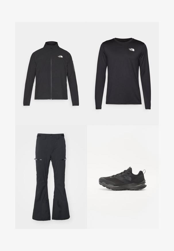 Svart jakke med høy krage, frontglidelås og teksturert stoff. Har et logo på øvre venstre side og en sidelomme på ermet.; Langermet svart prestasjonstrøye laget av lett stoff, med en hvit logo på øvre venstre bryst. Glatt tekstur.; Svarte skibukser med flagrende design, glidelåslommer og justerbar midje. Laget av vannavvisende materiale med en glatt tekstur.; Svart treningssko med mesh-overdel, gummiyttersåle og polstret krage. Har snører, logo på siden og et teksturert design.
