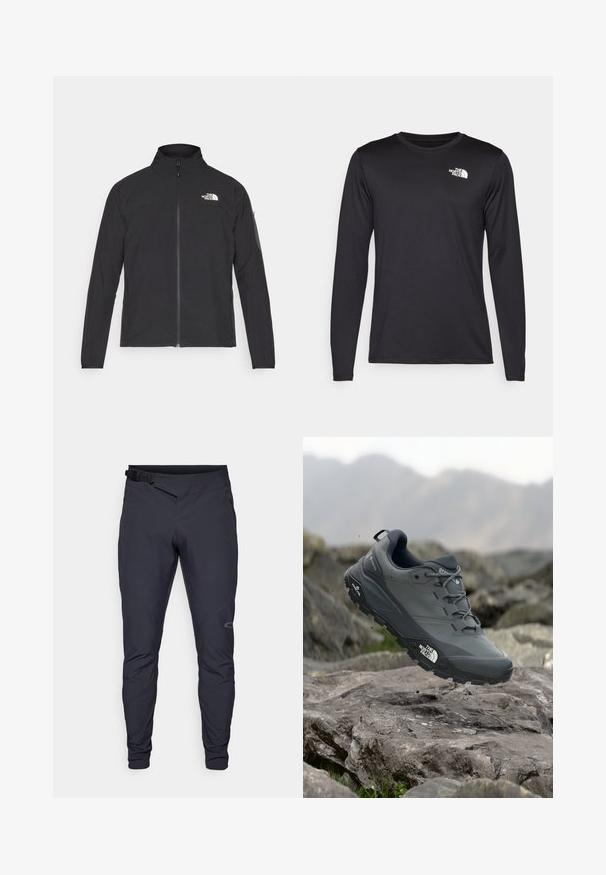 Musta jakk, millel on kõrge krae, eesneediga ja tekstuuriga kangas. Omab logo vasakul ülal ja küljetaskut varrukal.; Pikkade varrukatega must spordit-särk, mis on valmistatud kerge kangaga, esiküljel vasakul rinnal on valge logo. Sile tekstuur.; Tumedate hallid sportlikud püksid kitseneva disainiga, millel on esižiipe tasku, reguleeritav vöökoht ja tagasihoidlik logo vasakul jalal.; Hallhalli jooksukingad halli värvi, tekstureeritud ülemise osaga, vastupidava kummist tallaga ja tugevdatud varvaste kattega. Omab paelu ja kaubamärgi logo küljel.