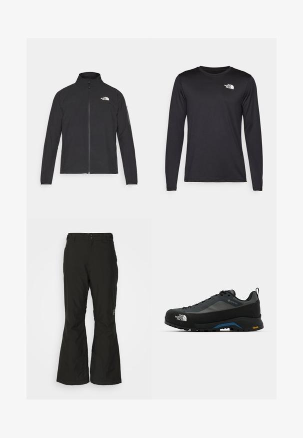 Giacca nera con colletto alto, zip frontale e tessuto strutturato. Presenta un logo sulla parte superiore sinistra e una tasca laterale sulla manica.; T-shirt da performance a maniche lunghe nera realizzata in tessuto leggero, con un logo bianco sulla parte superiore sinistra del petto. Texture liscia.; Pantaloni da sci neri, impermeabili, con un design a gamba dritta, due tasche laterali e orli inferiori rinforzati per la durata. Include una vita regolabile.; The North Face VERTO ALPINE GORE TEX - Scarpa da hiking - asphalt grey/tnf black
