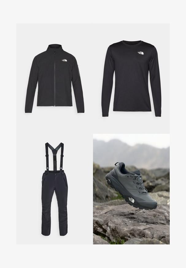Čierna bunda s vysokým golierom, predným zipsom a textúrovanou tkaninou. Na prednej strane má logo na ľavej hornej strane a bočnú vrecko na rukáve.; Čierne tričko s dlhým rukávom vyrobené z ľahkej tkaniny, s bielym logom na hornej ľavej strane hrude. Hladká textúra.; Čierne nepremokavé nohavice s nastaviteľnými trakovými popruhmi, so zipsovými vreckami a zosilnenými dolnými nohavicami pre odolnosť a funkčnosť.; Šedá trailová bežecká obuv s textúrovaným zvrškom, odolnou gumovou podrážkou a vystuženou špičkou. Obsahuje šnúrky a logo značky na boku.
