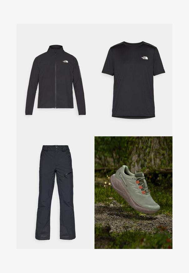 Juodas švarkas su aukšta apykakle, priekiniais užtrauktukais ir tekstūruotu audiniu. Yra logotipas viršuje kairėje ir šoninis kišenė ant rankovės.; Juodas trumpas rankovės marškinėliai, pagaminti iš lengvos medžiagos. Yra mažas baltas logotipas kairiajame krūtinės pusėje ir subtilūs pečių akcentai.; Juodos slidinėjimo kelnės, pagamintos iš patvarios medžiagos, tiesaus pjūvio, su užtrauktukais šoninėse kišenėse ir tinkliniais akcentais ant rankovių.; Šviesiai žalia Salomon bėgimo avalynė su oranžiniais raišteliais, kabanti virš žvyro takelio miško aplinkoje.