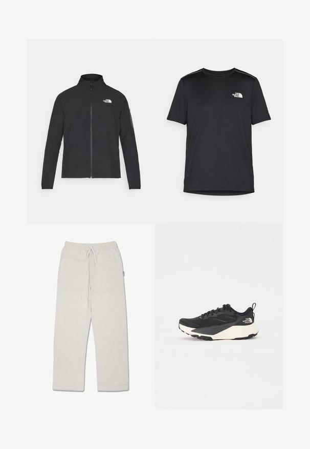 Fekete dzseki magas gallérral, elől cipzárral és texturált anyagból. Az elején bal oldalon logó található, és az ujjon egy oldalsó zseb helyezkedik el.; Fekete, rövid ujjú póló, könnyű anyagból készült. Bal mellen egy kis fehér logó található, és finom vállrész kiemelések.; Világosszürke, laza szabású nadrág, textiltáknak megfelelő anyagból, rugalmas derékkal és állítható húzózsinórral; oldalsó zsebekkel rendelkezik.; Fekete sportcipő texturált hálós felső résszel, egységes fekete kiegészítőkkel és fehér könnyített talppal. Fűzős záródással és húzóhurokkal rendelkezik.