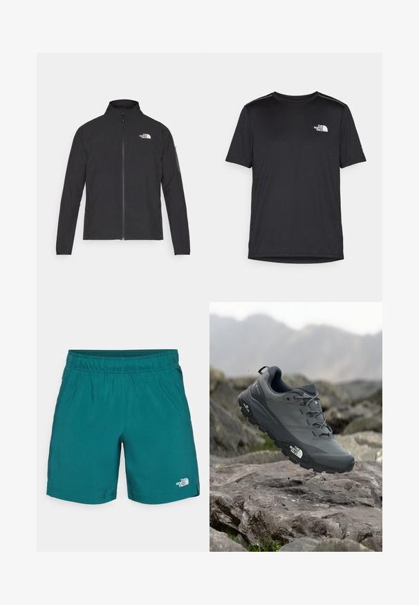 Svart jakke med høy krage, frontglidelås og teksturert stoff. Har et logo på øvre venstre side og en sidelomme på ermet.; Svart kortermet T-skjorte laget av lett materiale. Har en liten hvit logo på venstre bryst og subtile skulderdetaljer.; Teal treningsshorts laget av lett materiale, med elastisk midjebånd og en liten hvit logo på venstre bein.; Grå terrengløpesko med en teksturert overdel, slitesterk gummisåle og forsterket tåhette. Inkluderer snørebånd og merkevarelogo på siden.