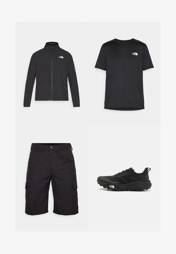 Musta takki, jossa on korkea kaulus, vetoketju edessä ja teksturoitu kangas. Sisältää logon vasemmassa yläkulmassa ja sivutaskun hihassa.; Mustapaita lyhyillä hihoilla, joka on valmistettu kevyestä kankaasta. Siinä on pieni valkoinen logo vasemmassa rinnassa ja huomaamattomia olkakoristeita.; Mustat cargo-shortsit, jotka on valmistettu kestävästä kankaasta, joissa on etuvetoketju, nappisulku, sivutaskut ja sivucargo-tasku.; Musta maastojuoksukengät, joissa on teksturoitu päällinen, kumipohja ja vahvistettu varvastoppia. Varusteena pehmustettu nilkkakappale ja vetotappi helppoa pukemista varten.